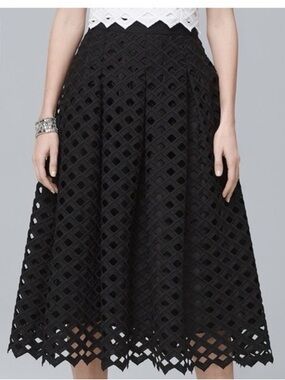 White House Black Market Black A-Line Midi Skirt with Laser-Cut Lattice